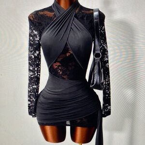 SHEIN Black Lace Long Sleeve Dress
